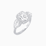 Vintage Inspired Cushion Cut Three-Stone Halo Ring with Pear-Shaped Side Stones - Shahin Jewelry